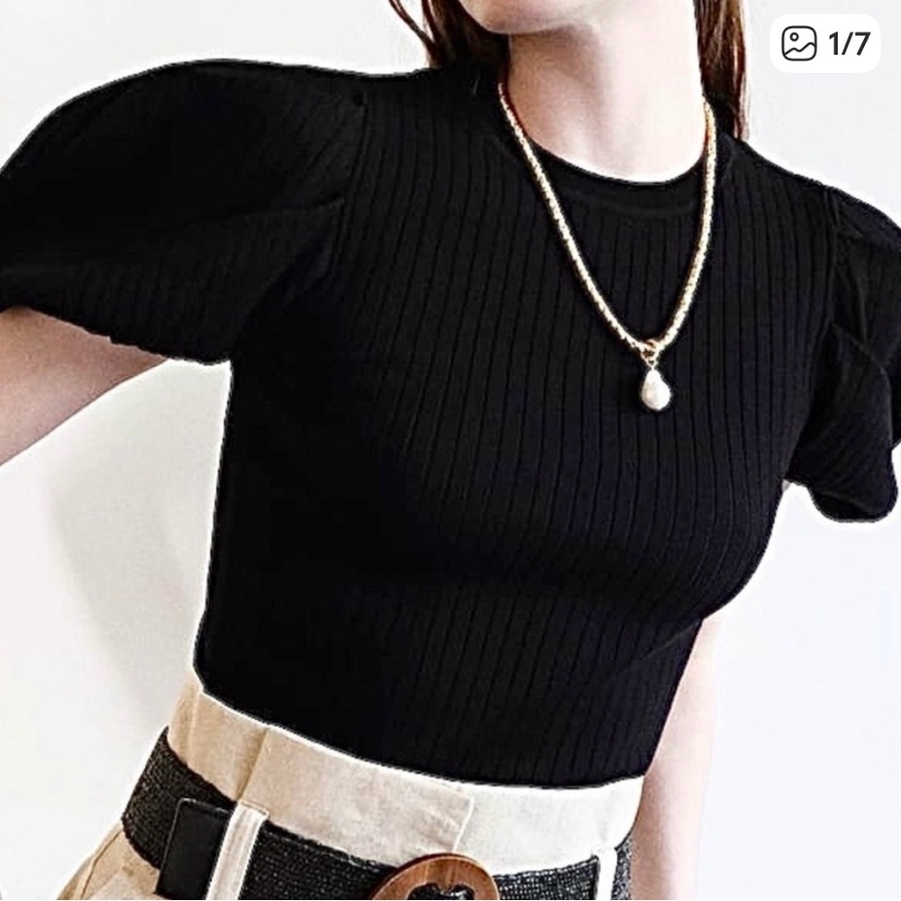 Zara Black Ribbed Puff Sleeve Blouse NWT
